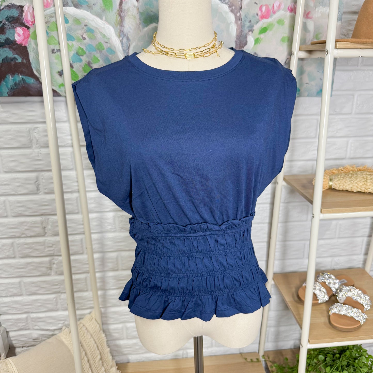 LOFT Navy Smocked Modern Wedge Tee (XS)