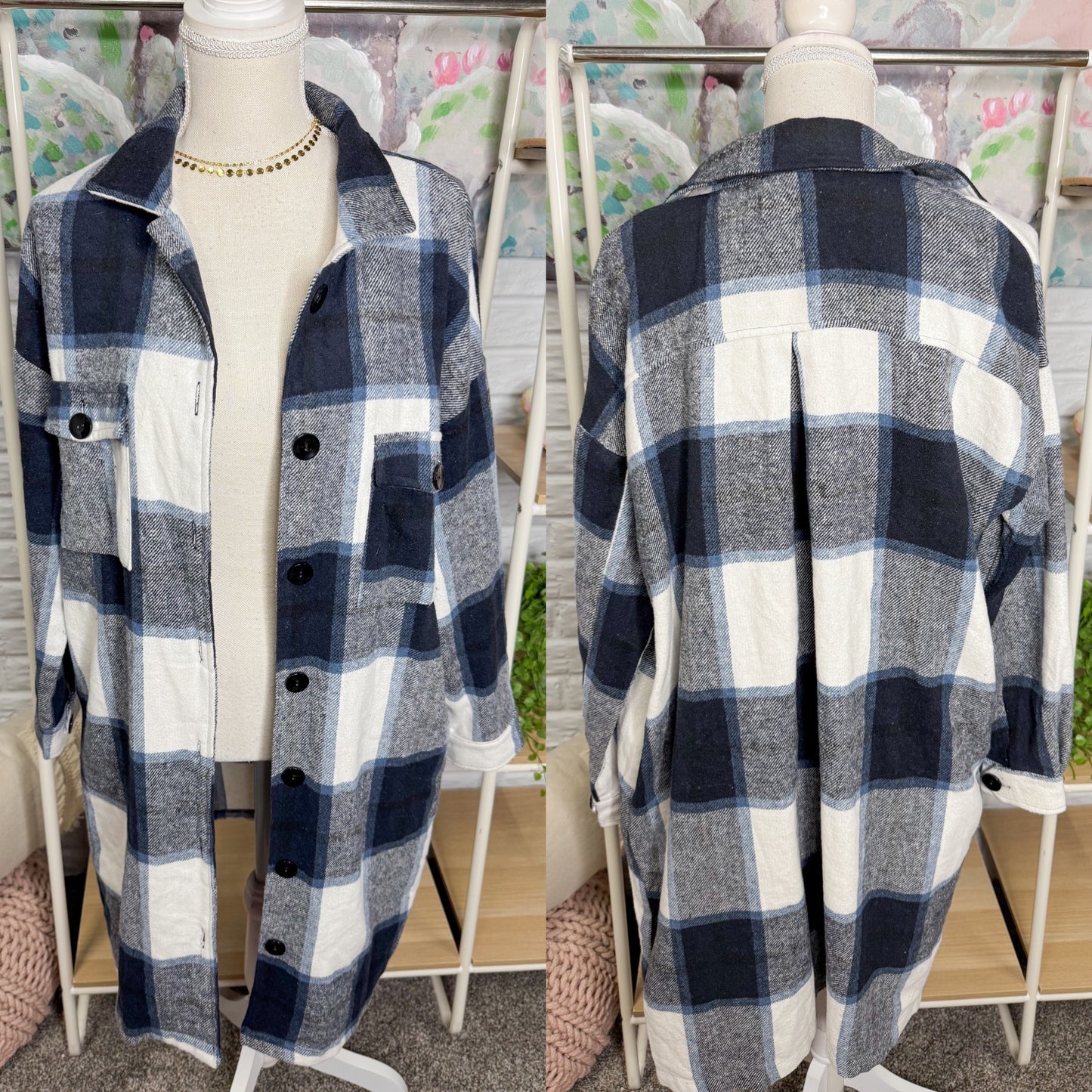 Blue/Black Plaid Long Shacket (L)