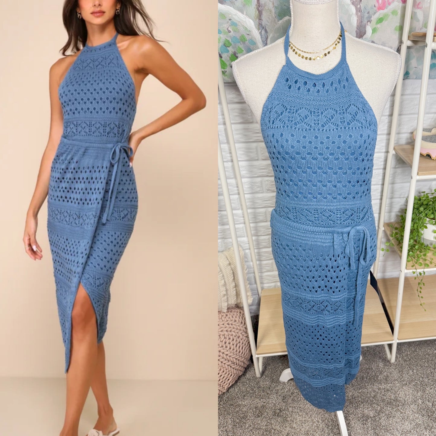 Lulu’s New Blissful Strolls Slate Blue Crochet Faux-Wrap Halter Midi Dress (M)