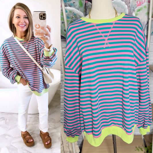 Fisoew Striped Oversized Pullover Blue/Pink (S)