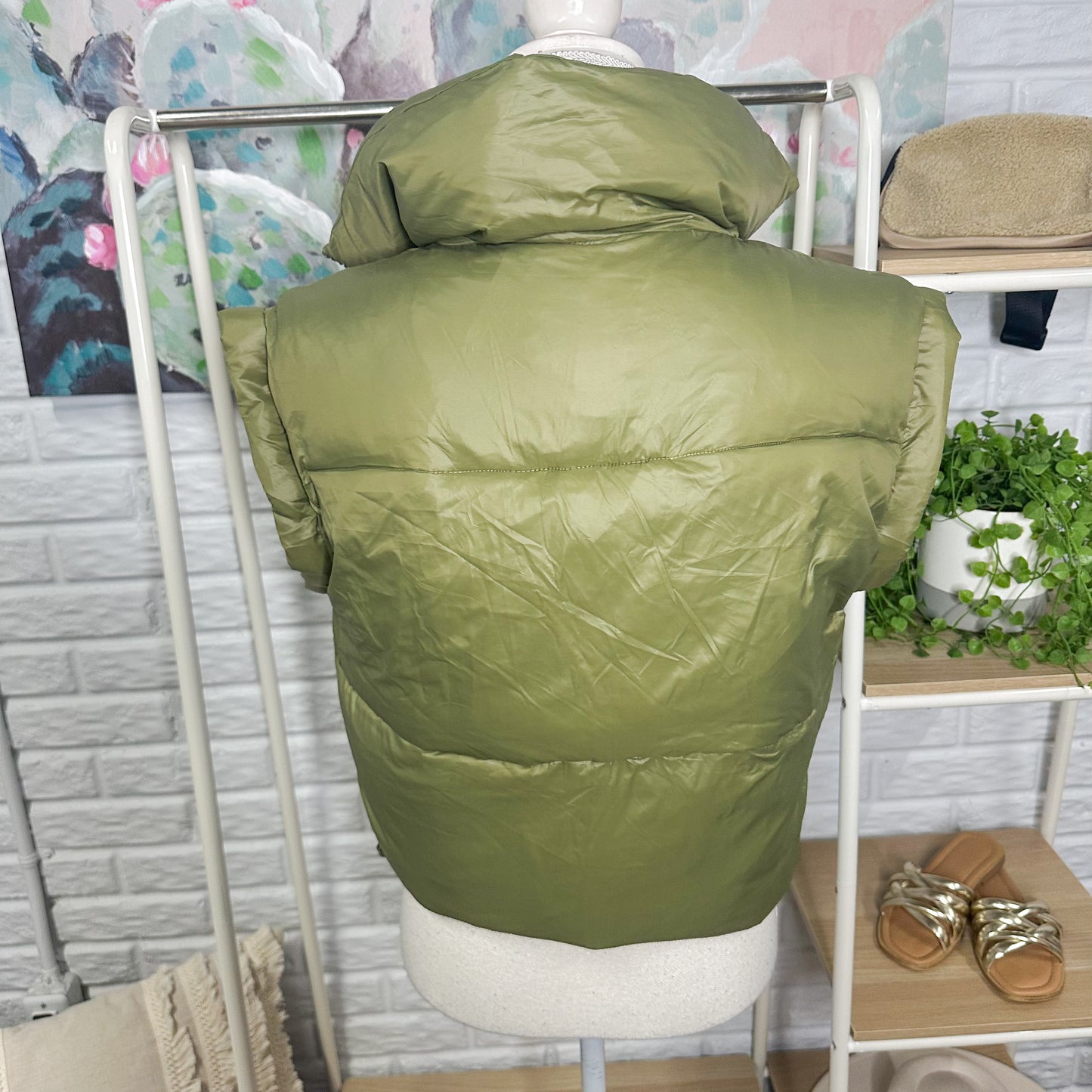 Hixiaohe Green Winter Cropped Puffer Vest (M)