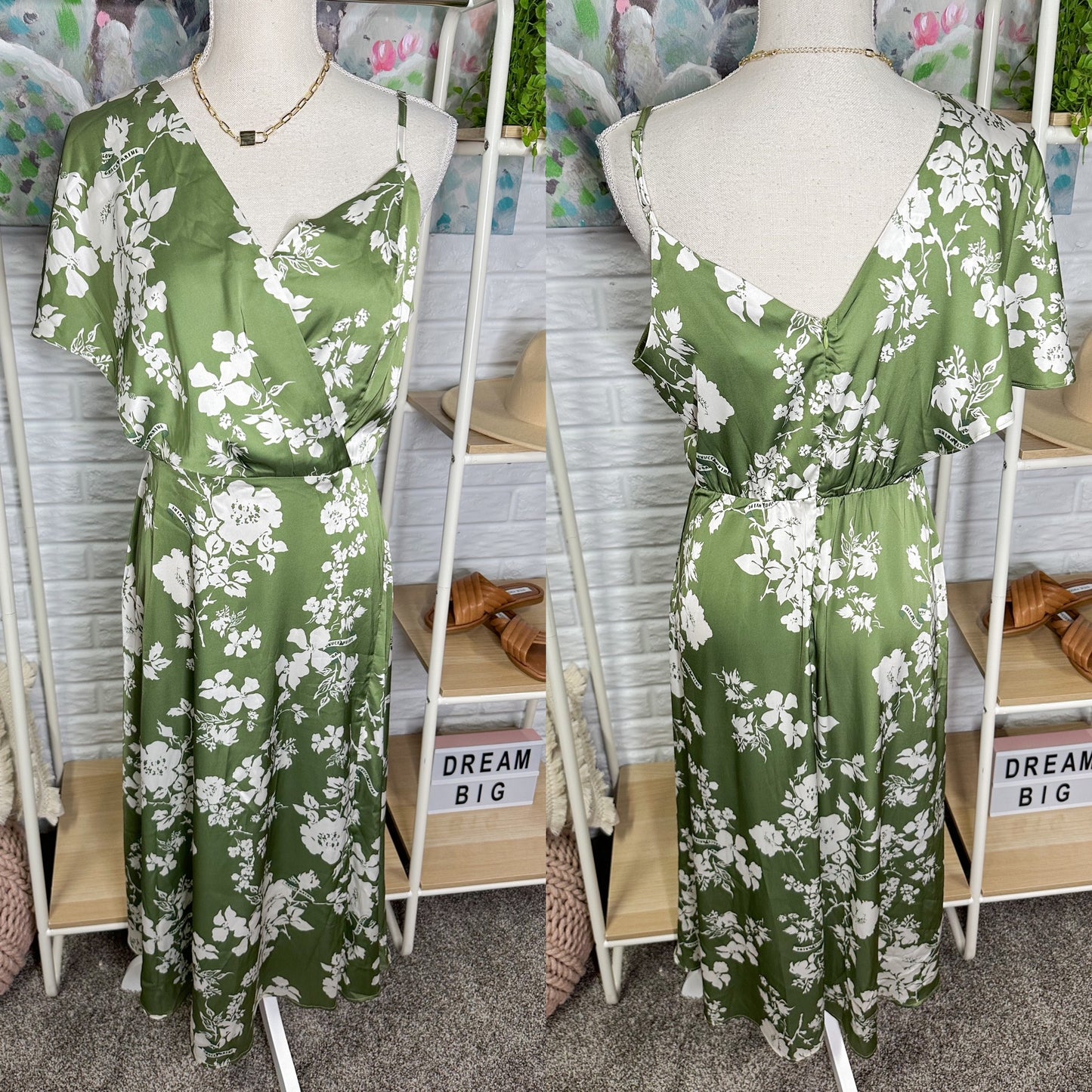 Grace Karin New Satin Green Floral Midi Dress Size Medium