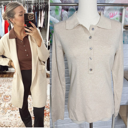 Superprity New Cream Collared Long Sleeve Top (M)