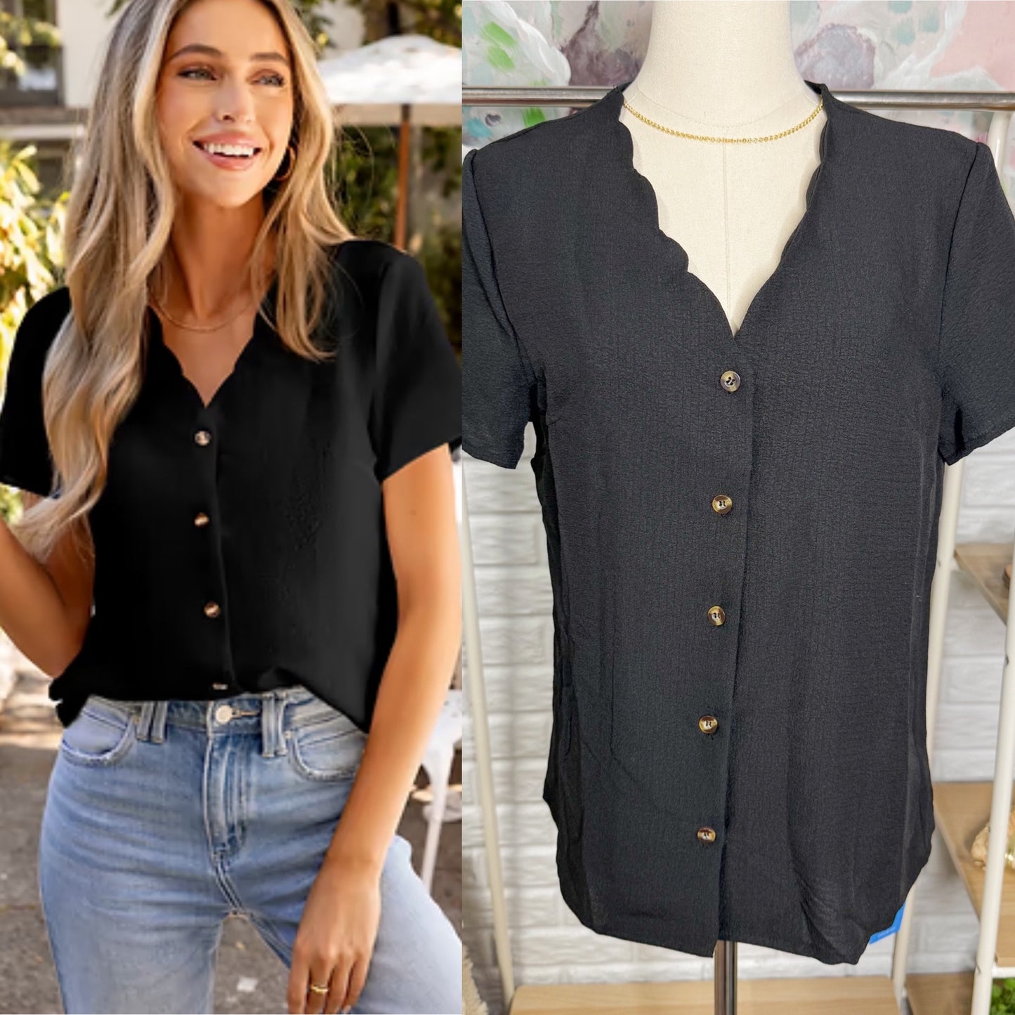 Cupshe New Black Scalloped V Neck Blouse (M)