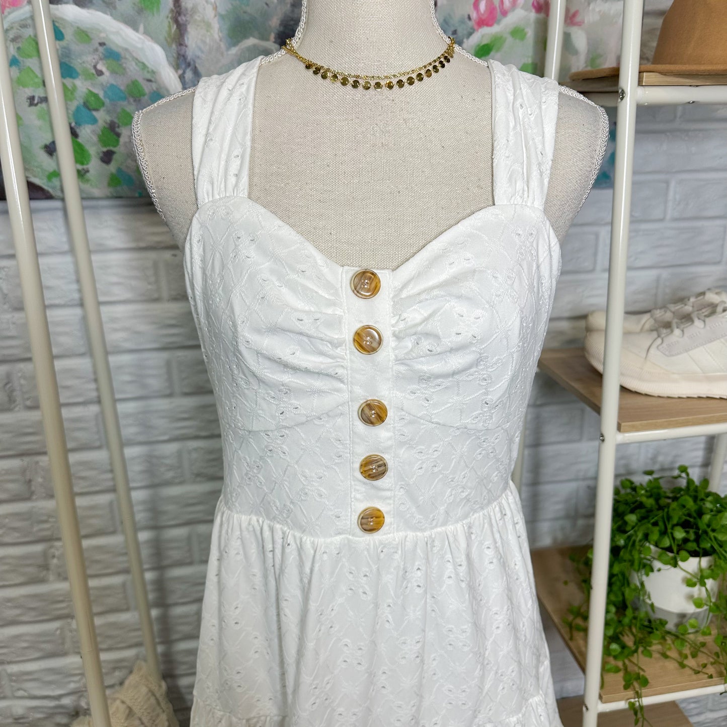 Cupshe White Eyelet Sweetheart Sleeveless Mini Dress (M)