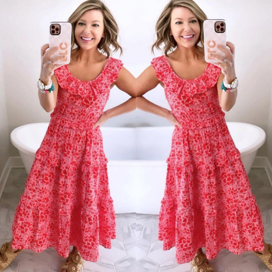 J Crew New Red/Pink Floral Ruffle Midi Dress (0)