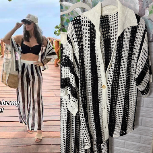 Black/White Mesh Striped Coverup Set (M)