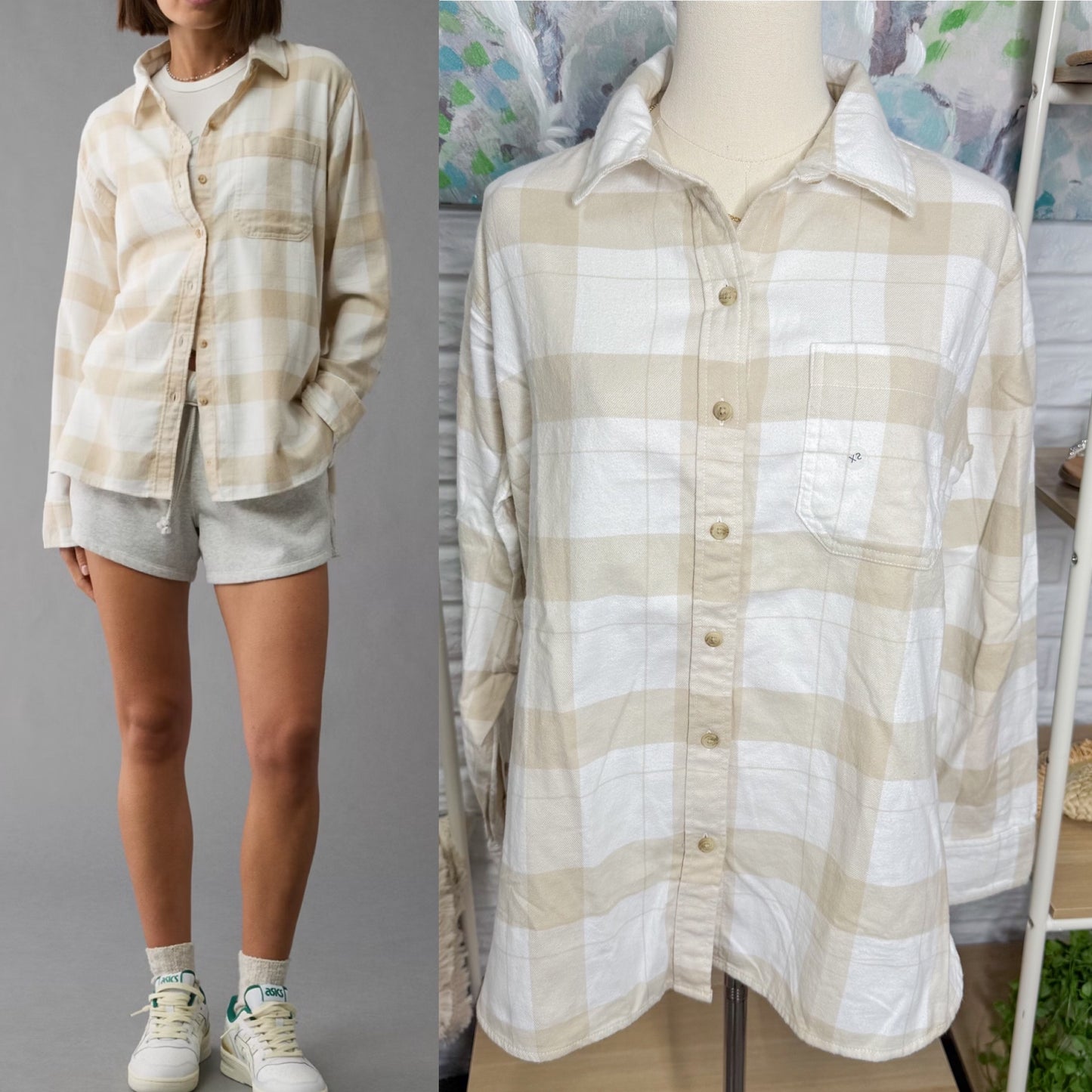 American Eagle New Oversized Cream Plaid Shirt (XS)