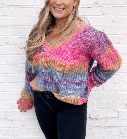 Macaron Rainbow Ombre Chunky V Neck Sweater Size Medium