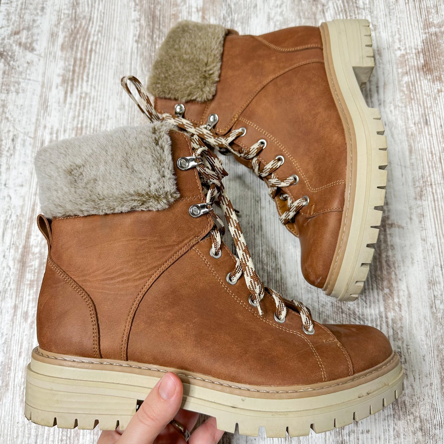 Time & Tru Brown Faux Fur Trim Hiker Boots Size 9