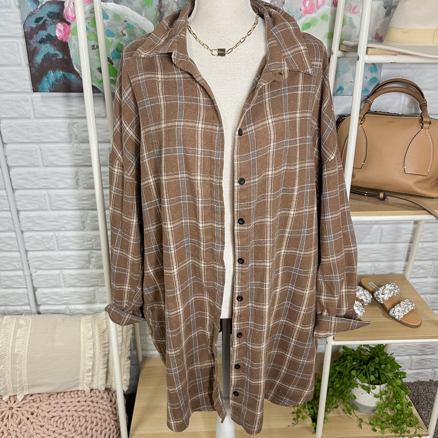 Blooming Jelly Brown Plaid Button Down Tunic Size Large