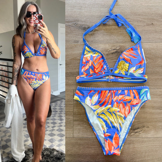 Tropical Print Whip Cupshe New Stitch Bikini Top & High-Waisted Bottoms Set (M)