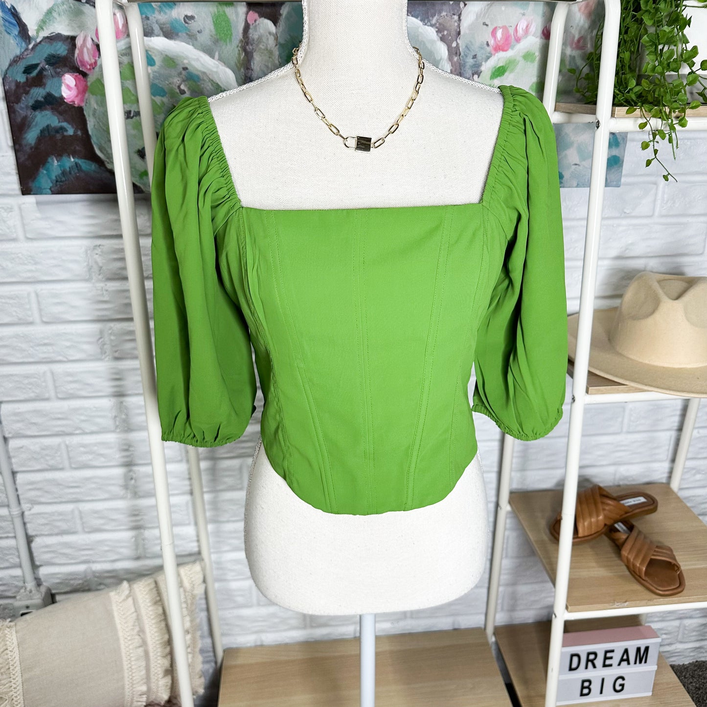 Abercrombie & Fitch New Green Puff Sleeve Corset top Size Medium