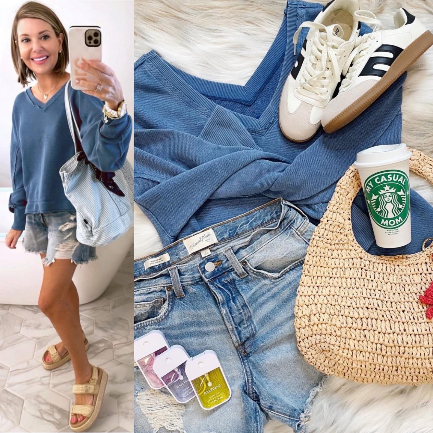 American Eagle Blue Saltwash Double V-Neck Sweatshirt + Shorts (XS/XXS)