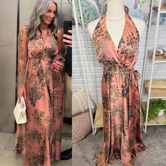 Lulu’s Passion Pink Floral Satin Backless Halter Maxi Dress (M)