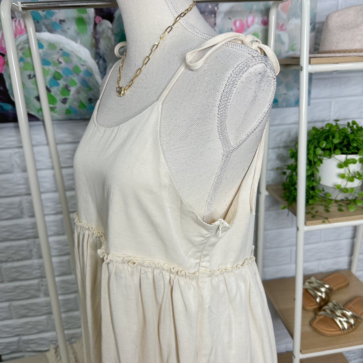 UANEO Cream Tie Strap Mini Dress (M)