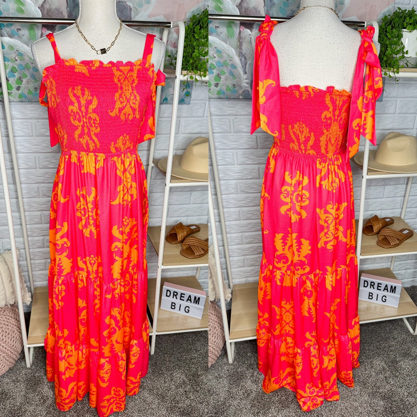Vici Champagne & Strawberry Pink/Orange Smock Maxi Dress Size Large
