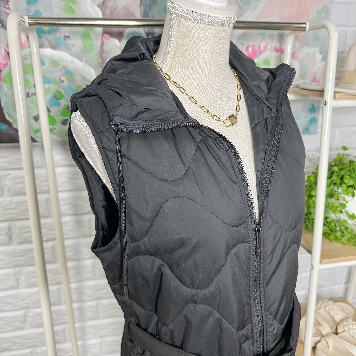 New ZELLA LONGLINE Belted Quilted Vest JACKET In Black Size XS