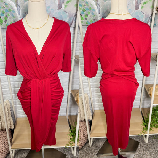 Prettygarden New Red Midi Short Sleeve Dress (S)