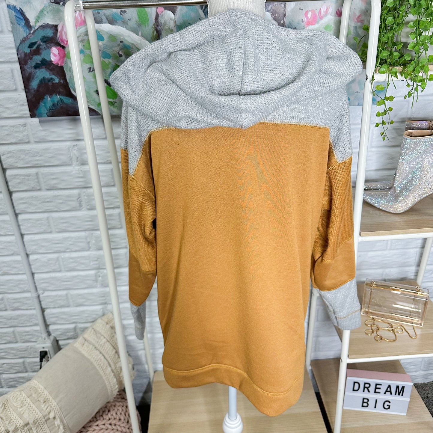 Colorblock Grey / Brown Hoodie Sweatshirt Size Large