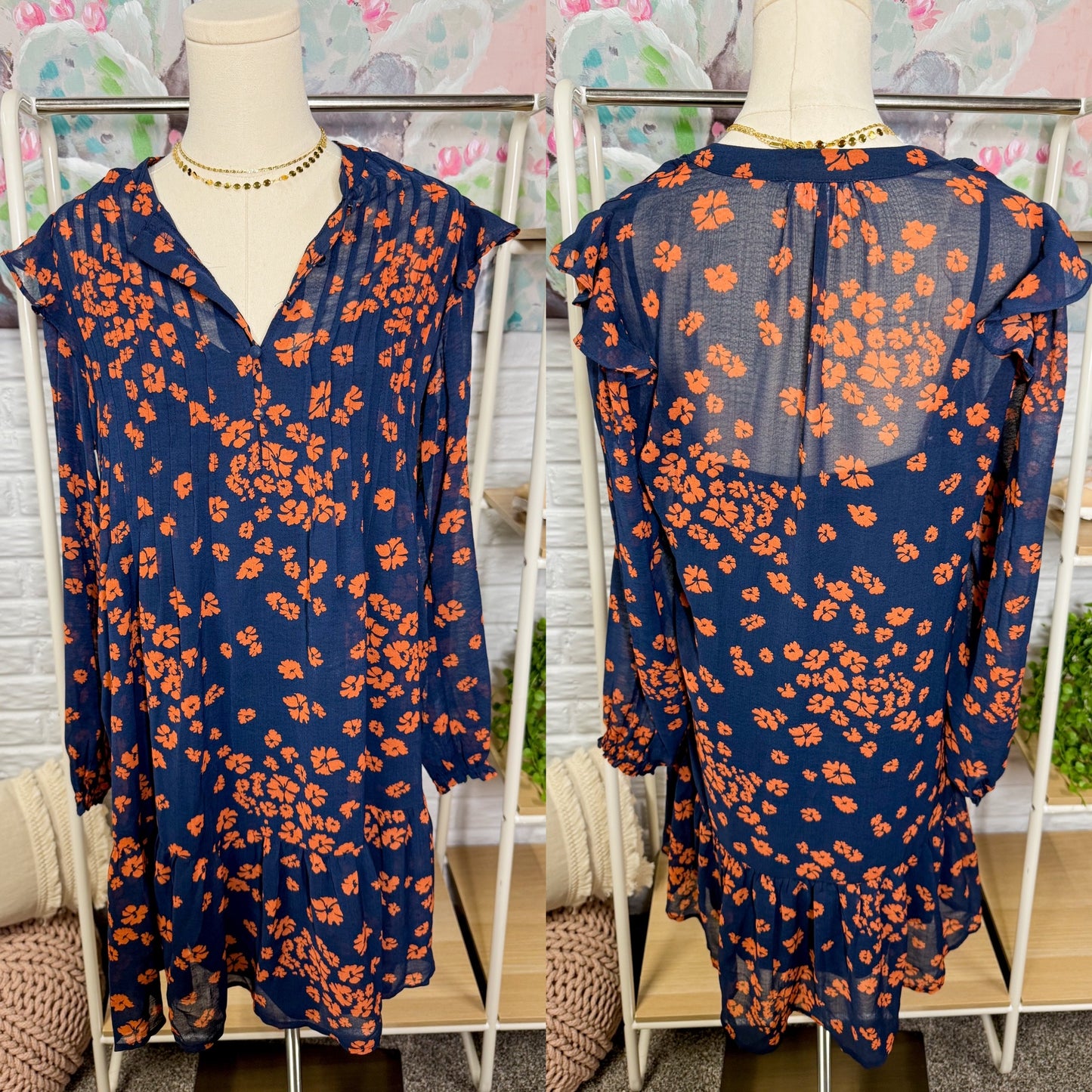 Time and Tru Navy Floral Long Sleeve Dress (XS)