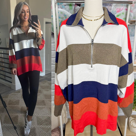 Free People Costal Stripe Pullover Half Zip Sweater (M)