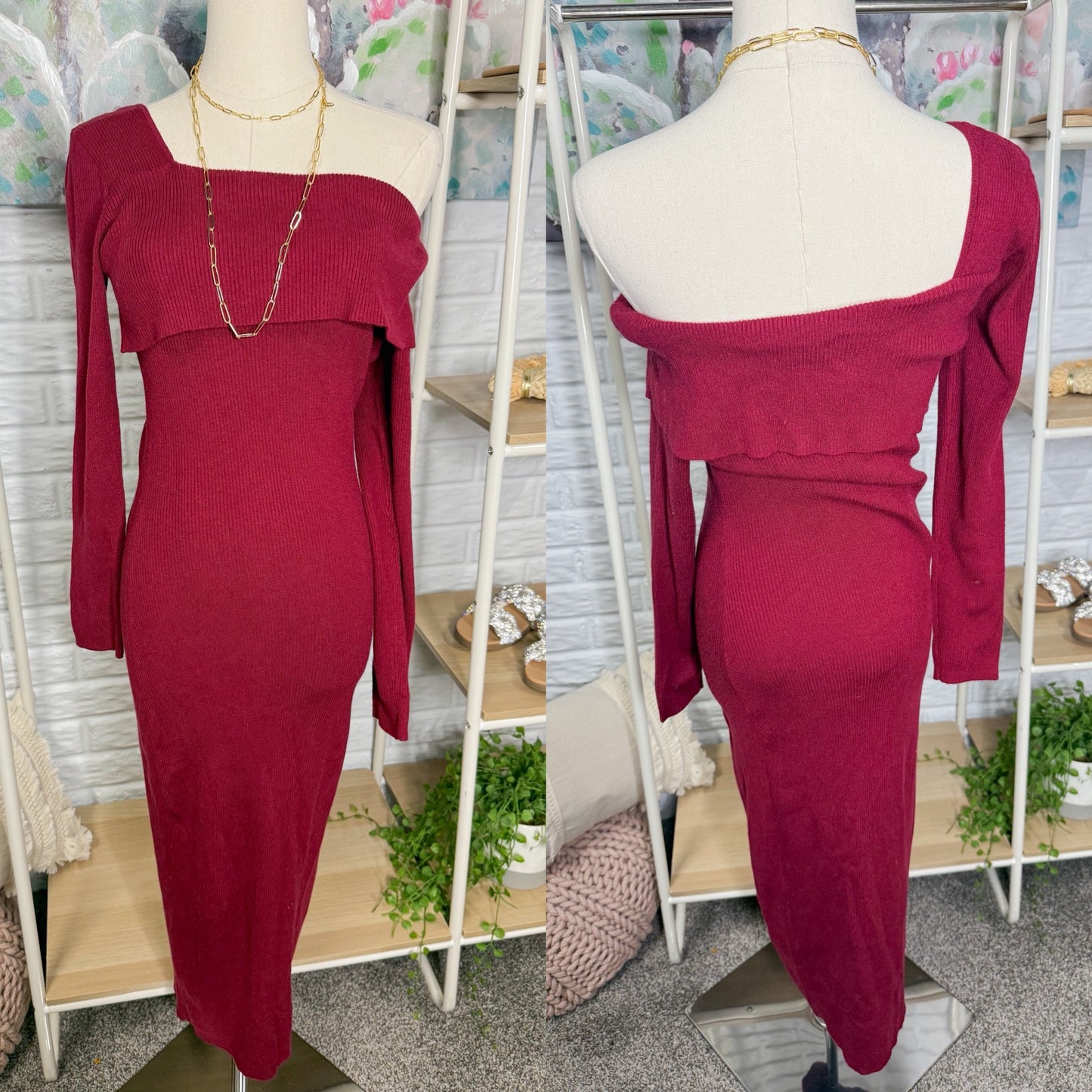 Simplee New Red Asymmetrical Shoulder Red Midi Dress (S)