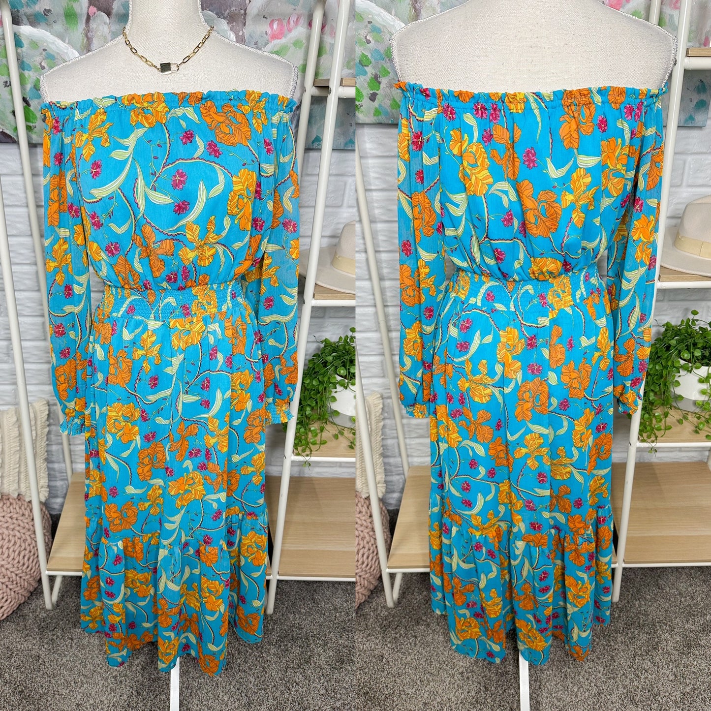 Sofia Jeans Blue Floral Off The Shoulder Dress Size Small