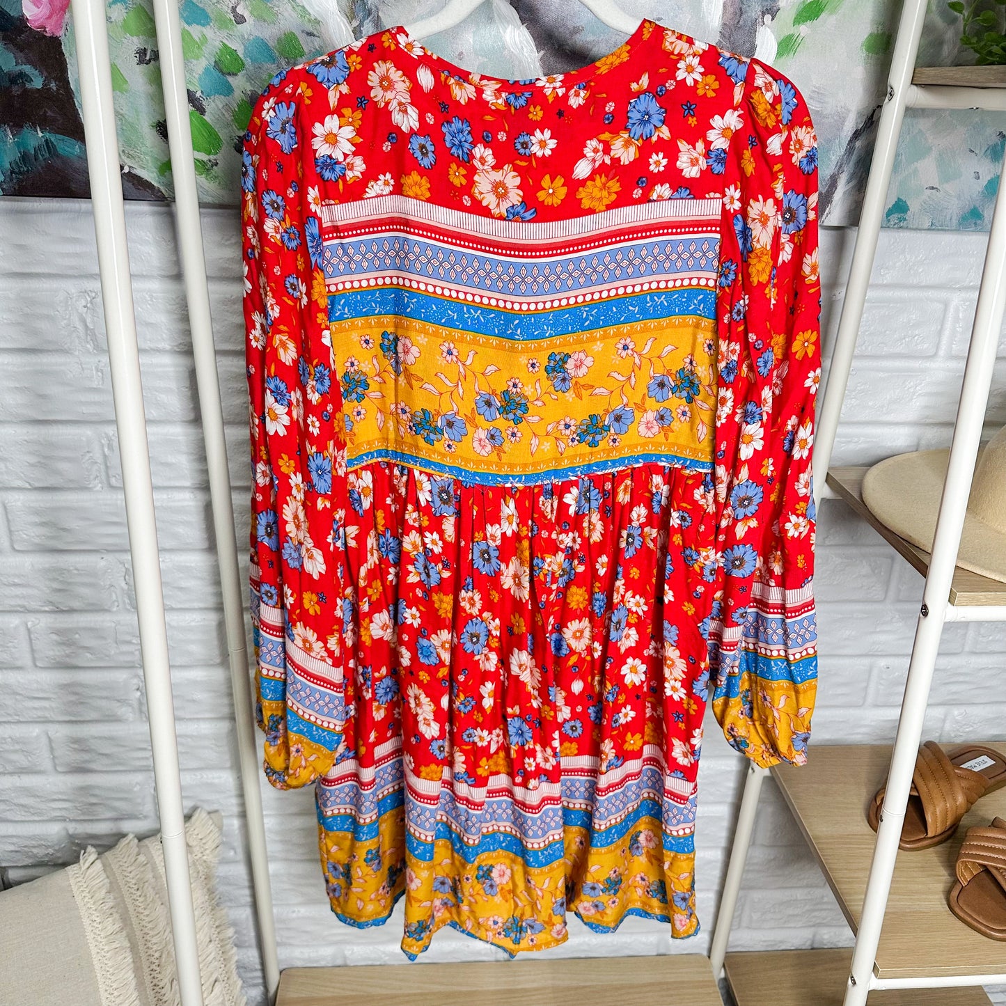 R. Vivimos New Red Long Sleeve Floral Tunic Dress Size Small