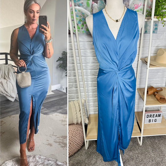 Prettygarden New Blue Satin Ruched Bodycon Dress Size Medium