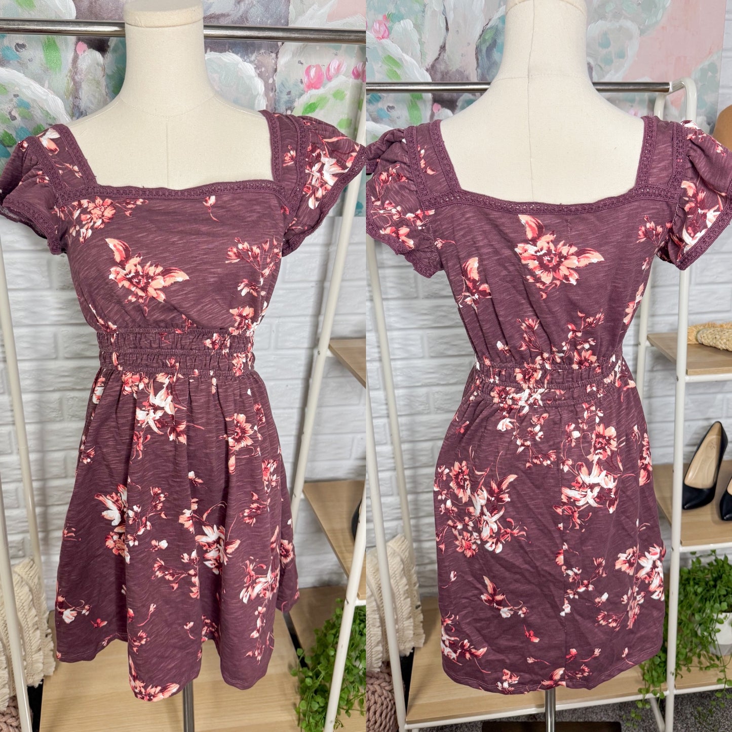 Maurice’s 24/7 Bare Flutter Sleeve Skater Dress Maroon Floral (XS)