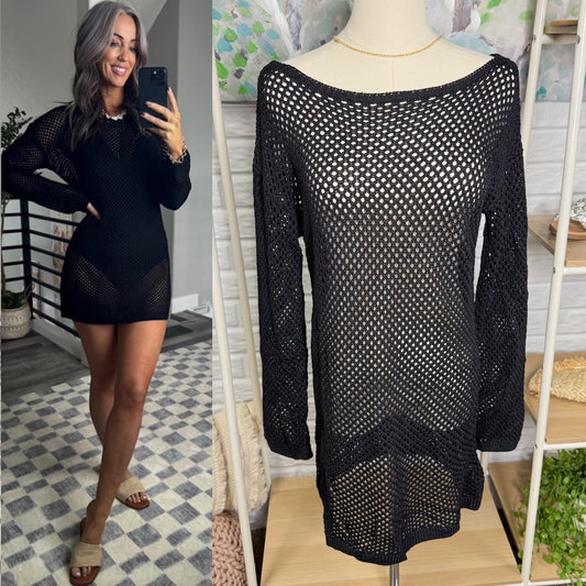 Qinsen New Black Crochet Dress Coverup (M)