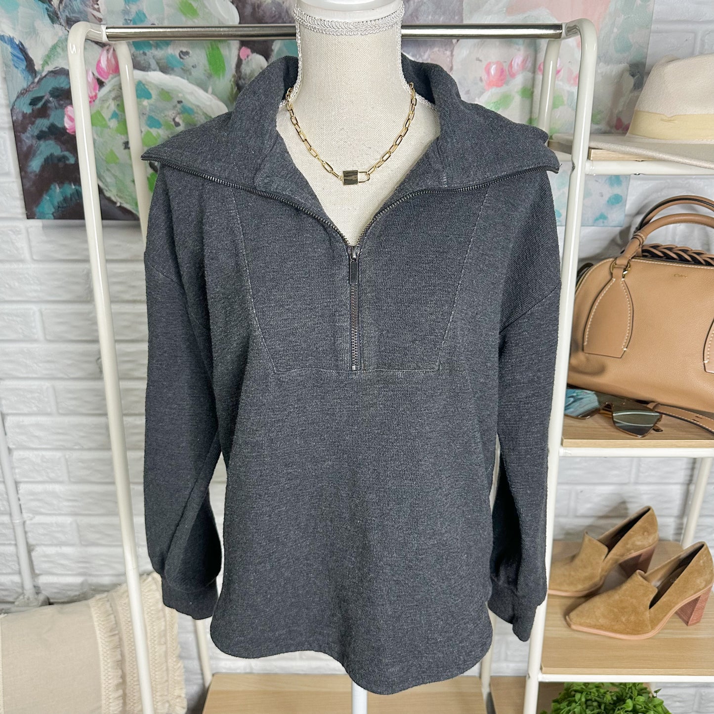 Lou & Grey Textured Zip Shirttail Top Size Small