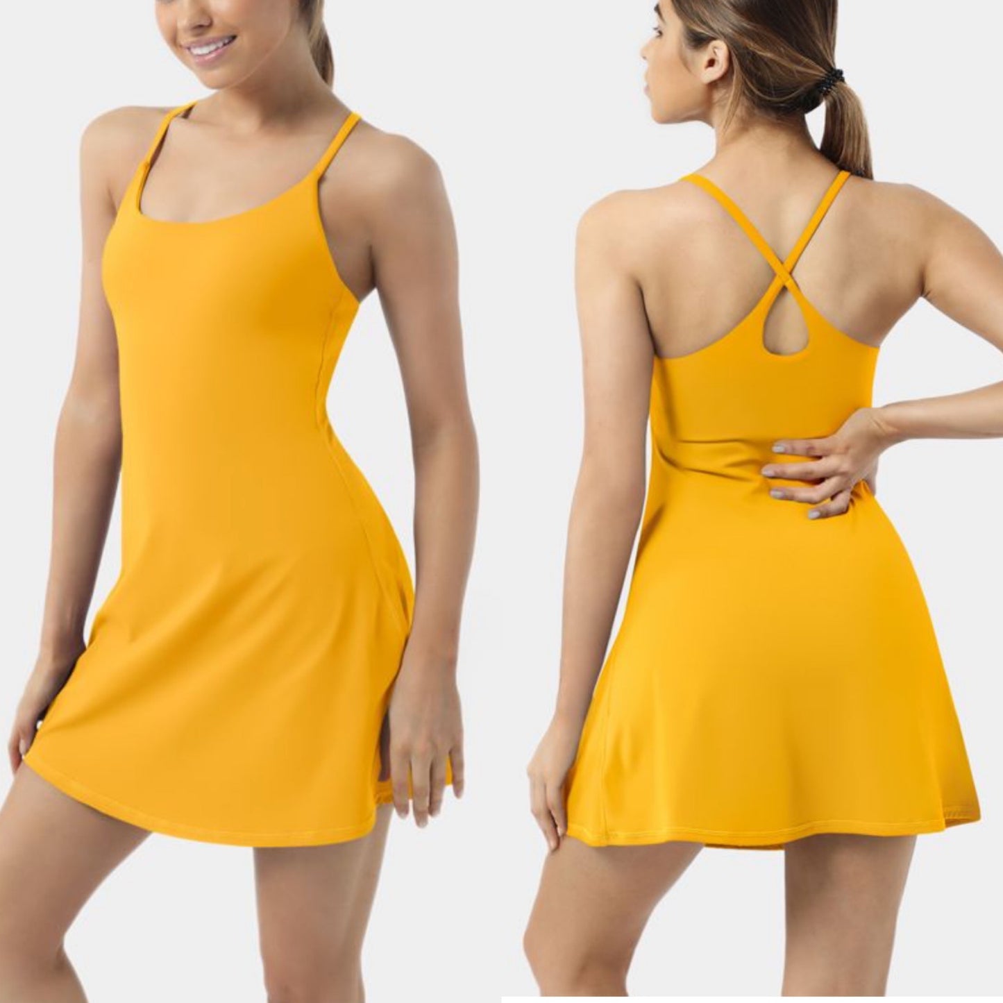 HALARA New Daffodil Cloudful Fabric Backless 2-in-1 Flare Workout Dress-Wannabe Size Small