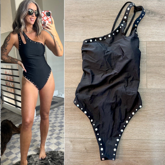 Cupshe New Rockstar Vibes Black One-Piece Swimsuit (L)
