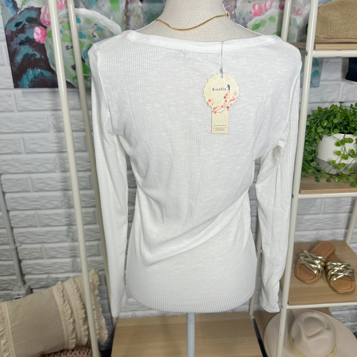 Kissfix New White Henley Long Sleeve Top (M)