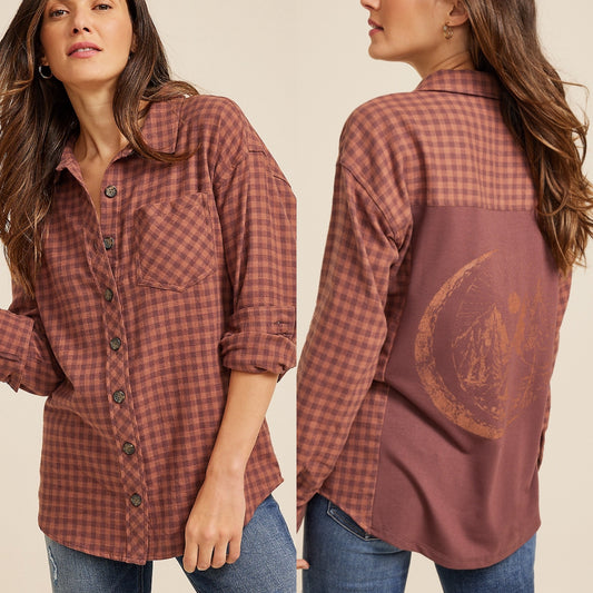 Maurice’s New Plaid Camping Graphic Button Down Size Small