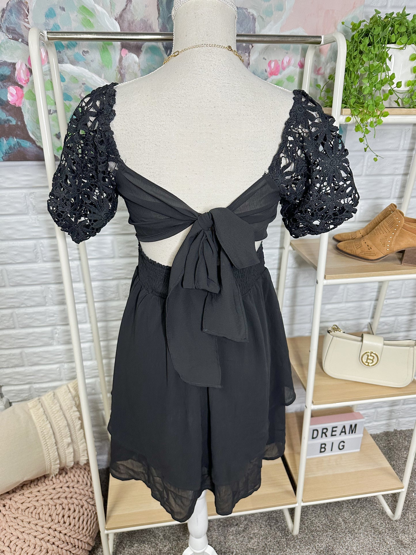 Black Lace Puff Sleeve Mini Dress Size Medium