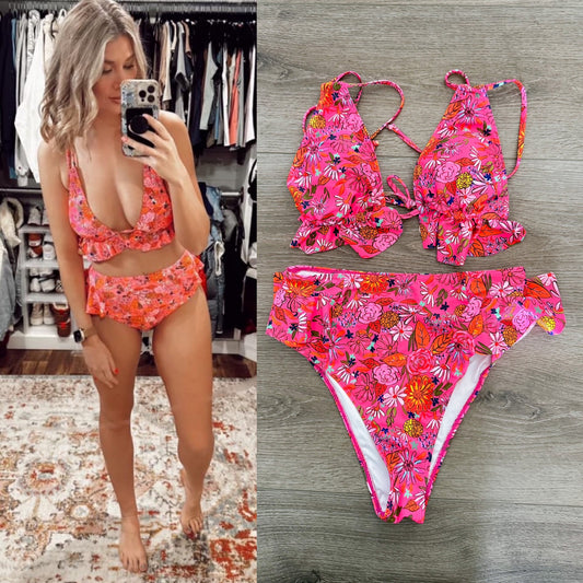 Sporlike Floral Ruffle High Waisted Bikini (M)