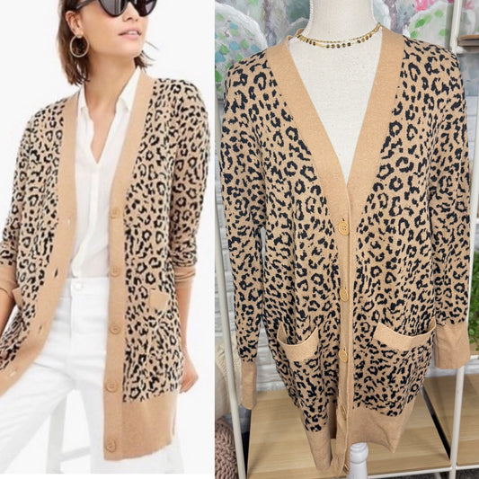 J. Crew Merino Wool/Cotton Blend Leopard Print Long Line Cardigan (M)