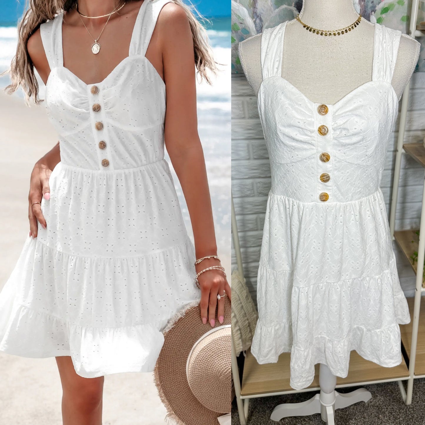 Cupshe White Eyelet Sweetheart Sleeveless Mini Dress (M)