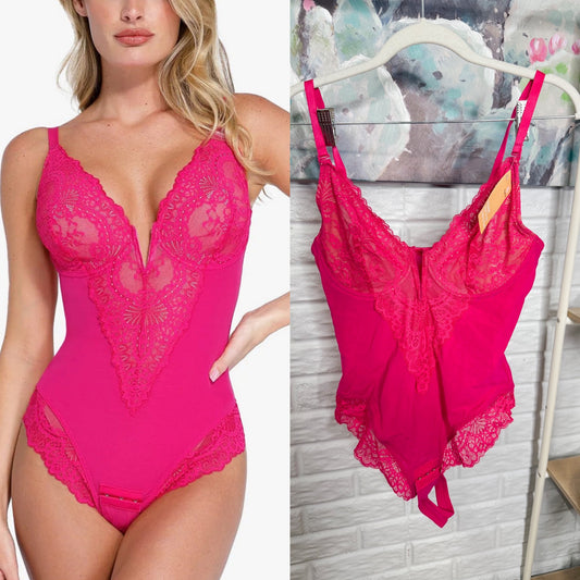 Popilush New Pink Shapewear Full Coverage Plunging Lace Slimming Bodysuit (M)