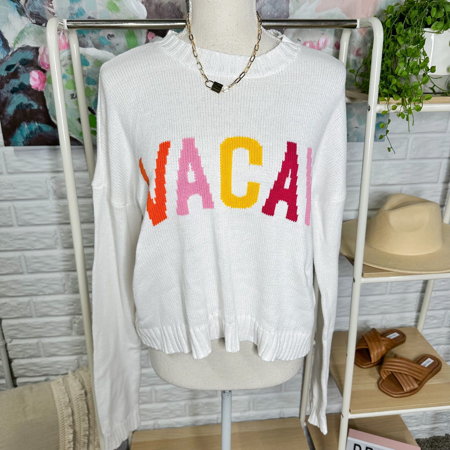 Show Me Your Mumu Vacay Sweater Cropped Varsity Intarsia Sweater White Sz XS