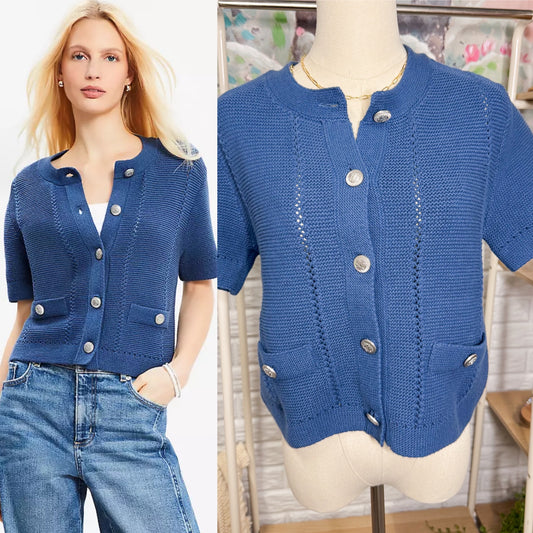 LOFT New Blue Short Sleeve Button Sweater (XS)