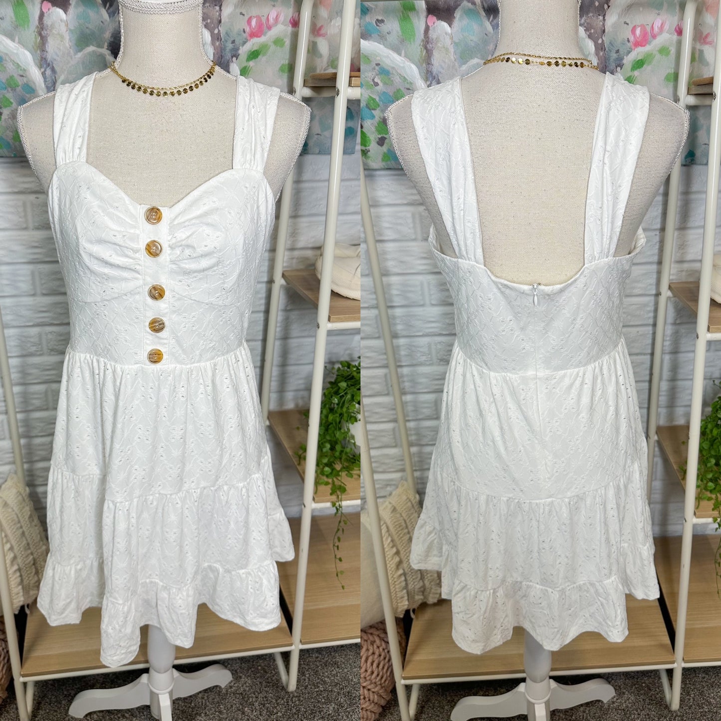 Cupshe White Eyelet Sweetheart Sleeveless Mini Dress (M)