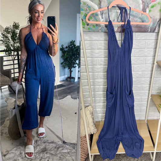 Cupshe New Navy Plunge Halter Jogger Jumpsuit (M)