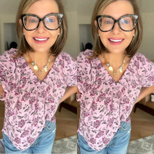 LOFT Purple Mixed Media Floral Top (XS)