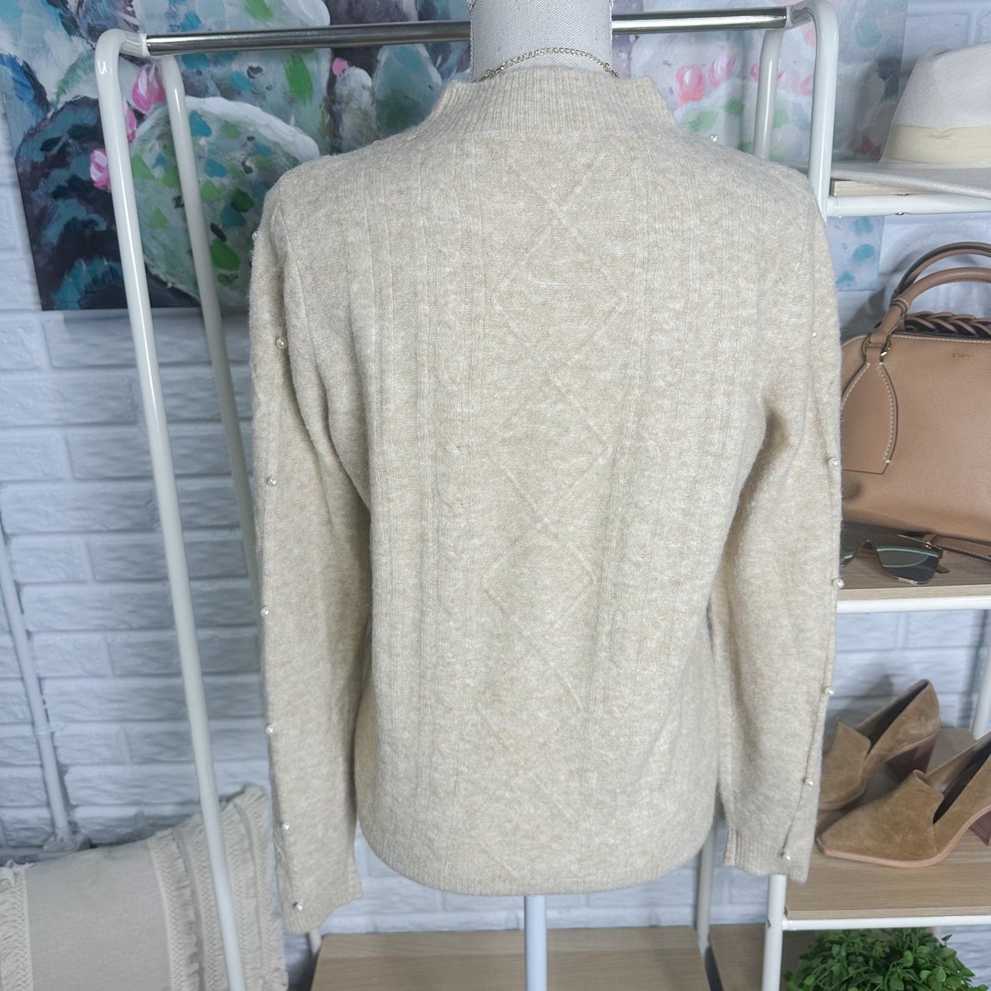 LOFT Khaki Pearlized Cable Knit Sweater Size Small