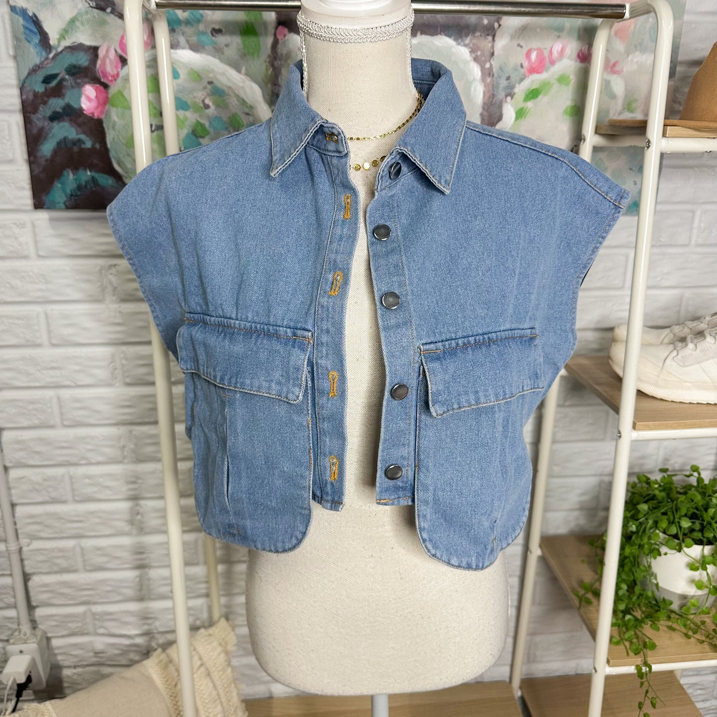 Denim Cropped Denim Vest Top (M)