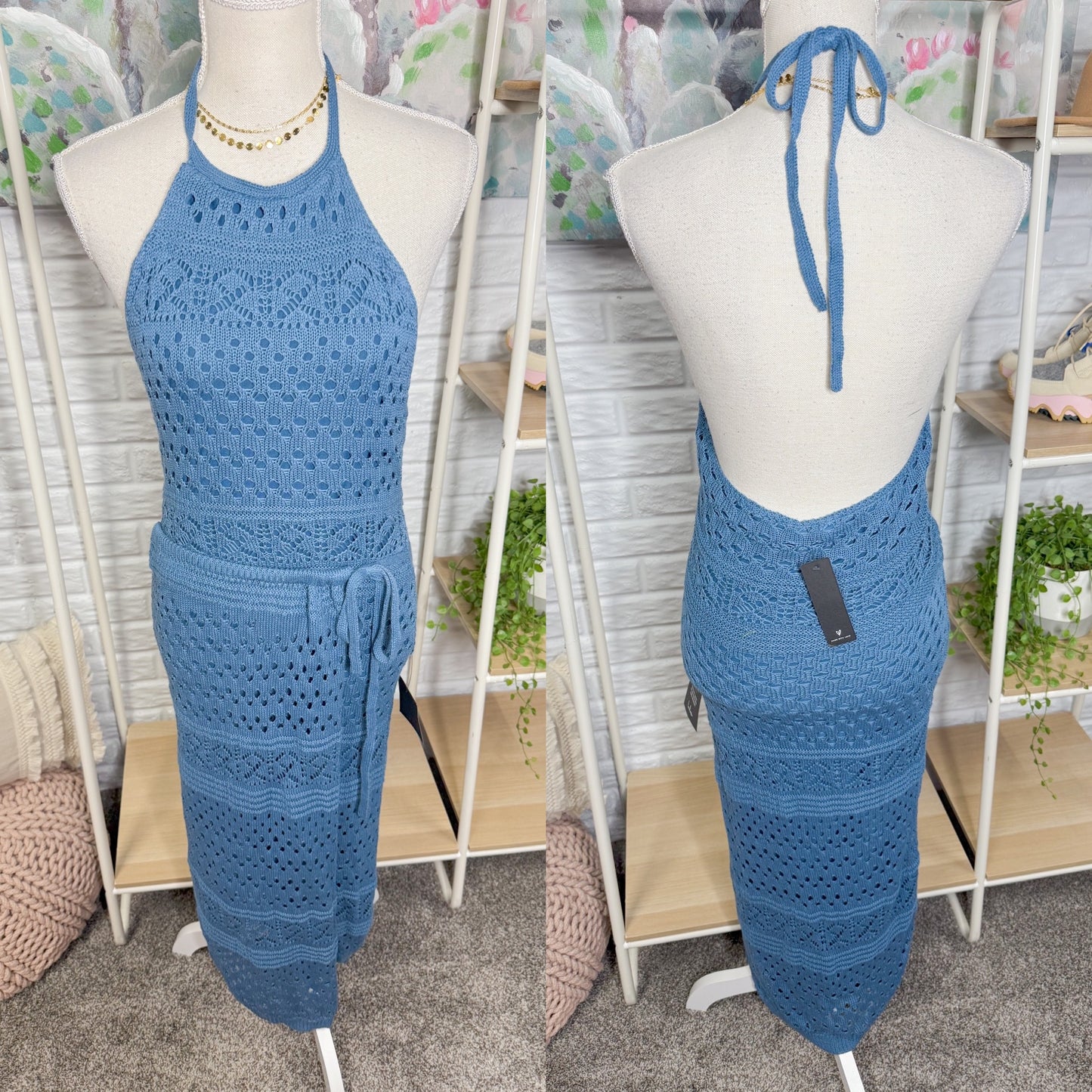 Lulu’s New Blissful Strolls Slate Blue Crochet Faux-Wrap Halter Midi Dress (M)